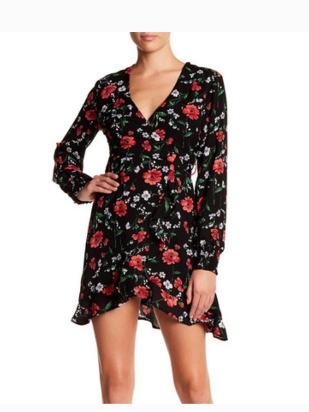 Lush Black Mini Dress with Red Floral Print
